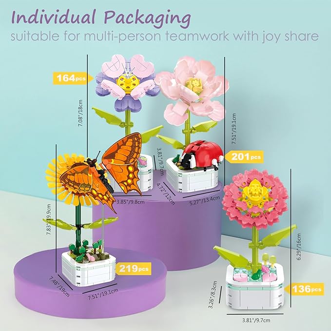 Flower Bouquet Building Set with Base, Flower Building Set Artificial Plant Flowers Building Blocks for Home Office Decor, Birthday Gifts, Desktop Trinkets Age 6+