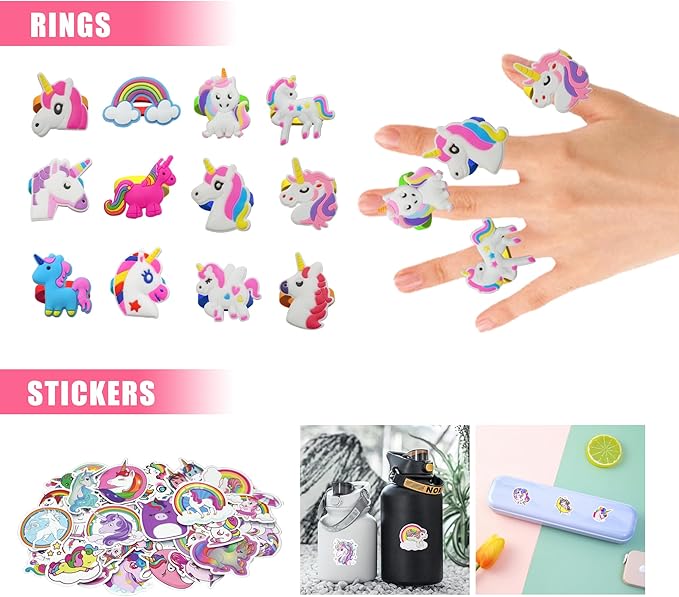 Unicorn Party Favors Unicorn Figures Goodie Rainbow Elastic Ball Bracelets Stickers Gifts Pinata Filler Bulk Toys for Unicorn Party Girl Kid Birthday Party Stuffers Supplies (Style 01)