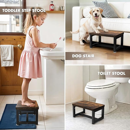 Step Stool, Height-Adjustable Wooden Step Ladder Metal Foot Stool Small Kitchen Stool Helper for Toddler Adults Elderly, Ladder Chair for Home Bedside Bathroom Sink Potty-Black