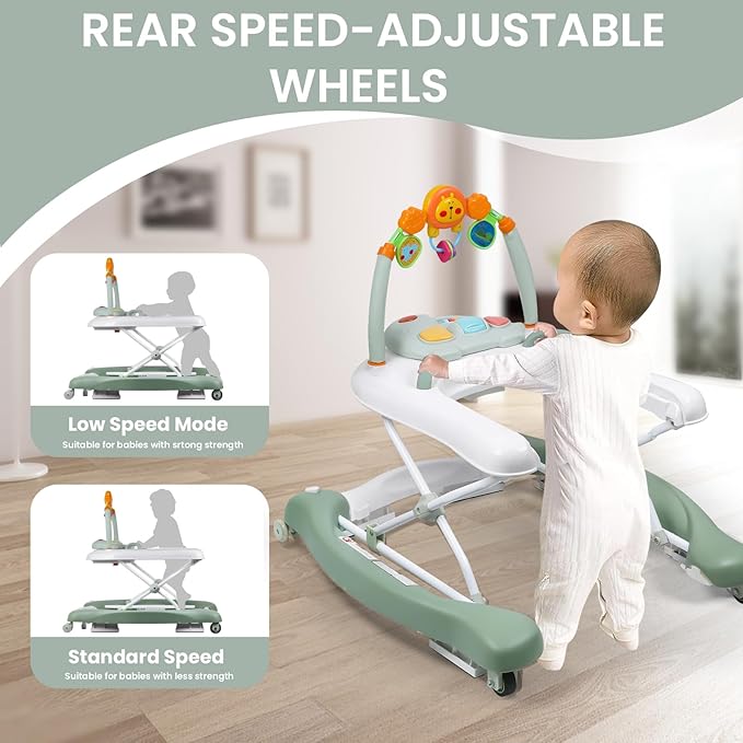Boyro Baby Baby Walker, 5-in-1 Baby Walkers for Boys and Girls 6-12 Months with Bouncer, Removable Footrest, Feeding Tray & Music, Foldable & Adjustable Activity Walker for 6-18 Months Toddler Infant