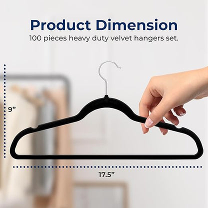 SereneLife Velvet Hangers 100 Pcs, Non-Slip Heavy Duty Hanger Set, Durable with 360° Swivel Hook, Smooth Velvet Finish to Protect Fabric, Lightweight, Ultra-Thin Design for Coats and Other Clothes