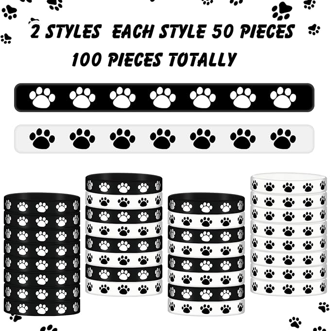 Funtery 100 Pcs Paw Print Rubber Bracelet Silicone Stretch Wristbands Dog Paw Silicone Bracelet Rubber Wristbands Dog Party Favors Birthday Party Supplies Decorations(Black, White)