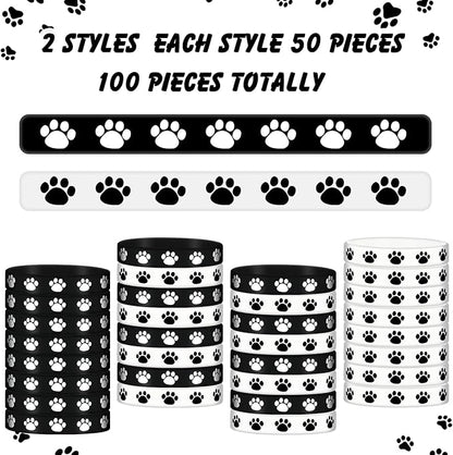 Funtery 100 Pcs Paw Print Rubber Bracelet Silicone Stretch Wristbands Dog Paw Silicone Bracelet Rubber Wristbands Dog Party Favors Birthday Party Supplies Decorations(Black, White)