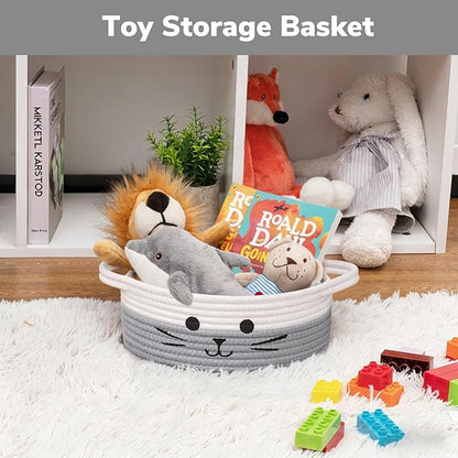 Cute Cat Toy Basket, Gift Baskets Empty for Home Decor, Baby Basket for Baby Shower, Small Cotton Rope Baskets for Pets Toys, White & Grey, 9.8 x 4 inches