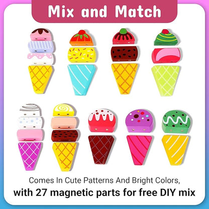 Tamy&Zee Wooden Ice Cream Truck, 27 pcs Magnetic Ice Cream Pretend Play Food & Accessories, Montessori Sorting & Stacking Toys for Toddler Girls & Boys Age 3+…