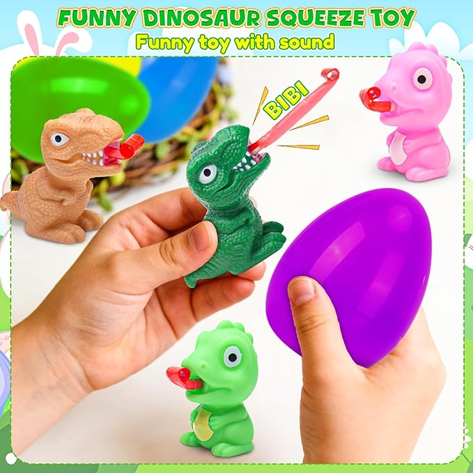 Easter Dinosaur Toys for Kids, 6 Pack Filled Easter Egg with Dinosaur Tongue Out Squeeze Toys, Funny Novelty Toys for Boys & Girls,Perfect for Easter Hunt,Basket Stuffers & Party Favors