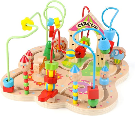 Joqutoys First Bead Maze Toy for Toddlers 1-3(Large), Wooden Colorful Circus Roller Coaster Circle Toys for Babies - Bead Maze Activity Cube Educational Toys First Birthday Gifts for Boys Girls