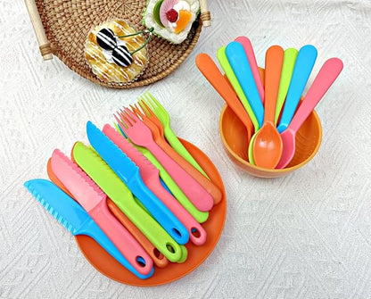 Kids Cutlery Set - Jawbush 9 Pcs Plastic Toddler Utensils Forks and Spoons with Knives for School Lunch Box Camping or Travel, Reusable Kids Silverware Set with Bright Colors, Dishwasher Safe