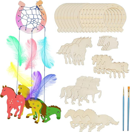 Fennoral 30 Pack Wooden Horse Craft for Kids Unfinished Wooden Cutouts Horse Horseshoes for Girls Boys Paint You Own Horse Dream Catcher Craft for Kids DIY Art Activity Party Favors Decoration