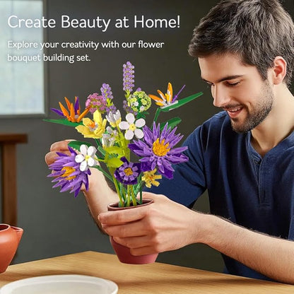BIGEARN Flower Building Toy Set for Adults, 891 PCS Bouquet Building Set with 13 Unique Stems for Home Decor, Ideal Gift for Any Occasion