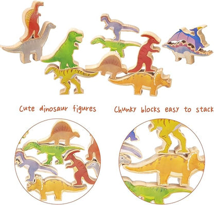 Xylolin Wooden Dinosaur Blocks Stacking and Balancing Toys, Toddler Wood Dinosaur Figures Blocks Imaginative Play, Preschool Educational Toys Gifts and Stack Balance Games for Kids