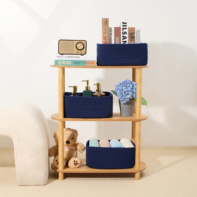 MiniArk Small Storage Baskets for Organizing | Closet Organizer Bins | Shelf Toy Basket | Woven Rope Baskets | Cube Decorative Box | Shallow Basket | 13x8.5x5.1” | 4 Packs Navy Blue