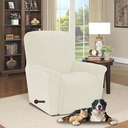 AZON Velvet Stretch Recliner Chair Cover,1-Piece Washable Recliner Couch Cover with Elastic Furniture Protector for Pets, Kids(Recliner, Ivory)