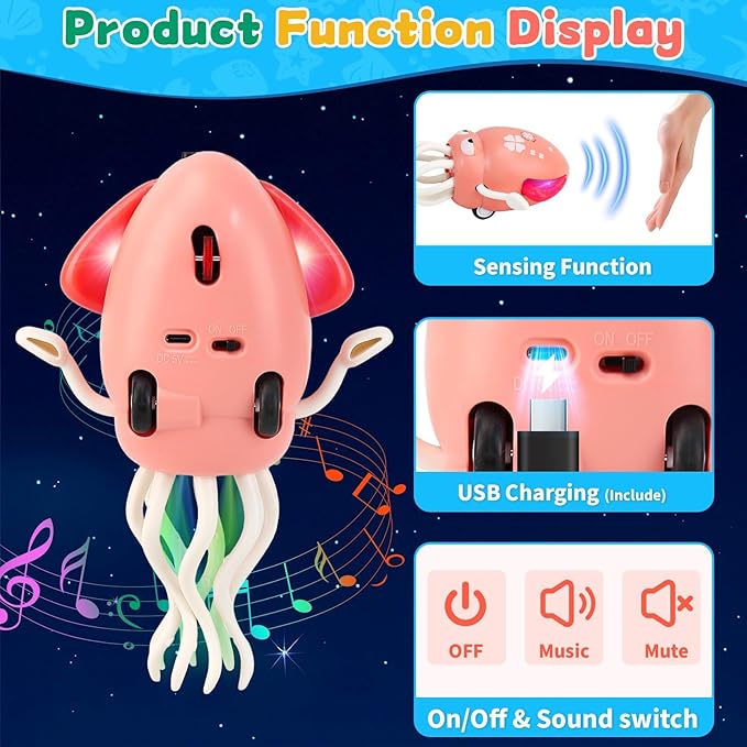 LZZAPJ Electric Dancing Octopus Light Music Suitable for 12-18 Months Old Baby Toys, Kid Crawling Squid Toys Suitable for Toddler Tummy time, Birthday for 1 2 3 4 5 6 Year Old Girl (Pink)