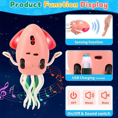 LZZAPJ Electric Dancing Octopus Light Music Suitable for 12-18 Months Old Baby Toys, Kid Crawling Squid Toys Suitable for Toddler Tummy time, Birthday for 1 2 3 4 5 6 Year Old Girl (Pink)