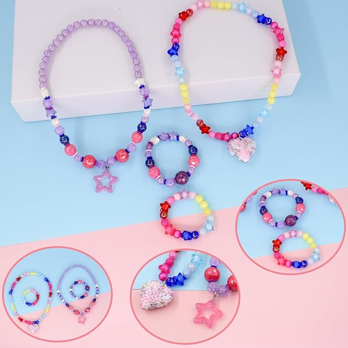 Kids Jewelry for Girls, Toddler Jewelry, 2 Sets Girls Jewelry Beaded Necklace and Beads Bracelet for Little Girls Kids Toddler, Little Girls Jewelry Set, Favors Bags for Girls