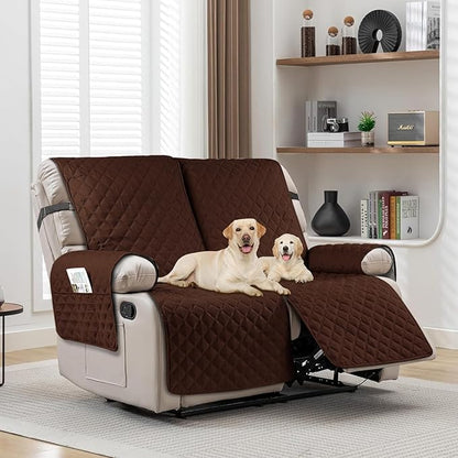 Waterproof Recliner Loveseat Sofa Cover with Pocket, 1-Piece Reversible Couch Cover for 2 Seat Recliner, Protector with Elastic Straps for Pets, Kids (Recliner Loveseat, Dark Coffee)