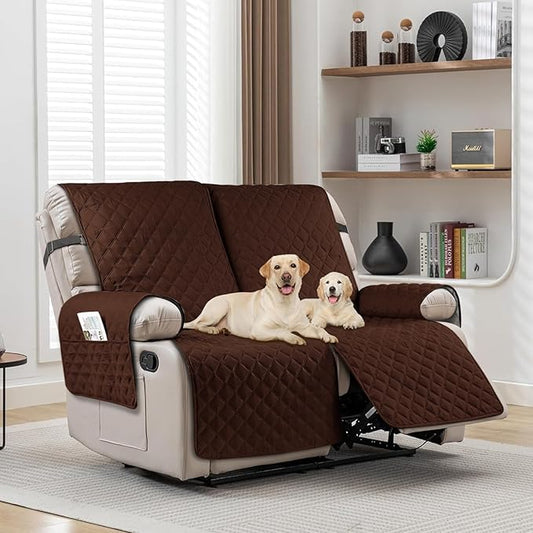 Waterproof Recliner Loveseat Sofa Cover with Pocket, 1-Piece Reversible Couch Cover for 2 Seat Recliner, Protector with Elastic Straps for Pets, Kids (Recliner Loveseat, Dark Coffee)