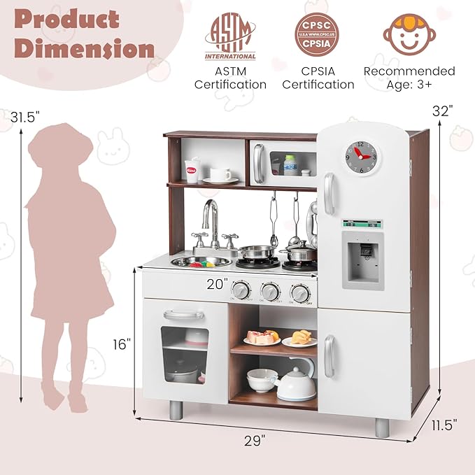 KOTEK Play Kitchen Set for Kids, Wooden Toddler Kitchen Playset with Water Dispenser w/Lights Sounds, Stove, Oven, Fridge, Microwave & Sink, Gift Chef Pretend Play Toy for Girls Boys (Walnut+White)
