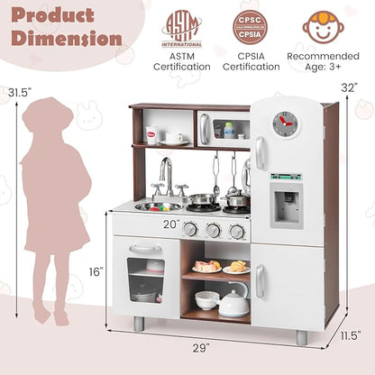 KOTEK Play Kitchen Set for Kids, Wooden Toddler Kitchen Playset with Water Dispenser w/Lights Sounds, Stove, Oven, Fridge, Microwave & Sink, Gift Chef Pretend Play Toy for Girls Boys (Walnut+White)