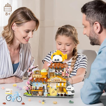 Finger Rock Street View Mini City Taiyaki Shop Building Set, Cute Panda Animals Building Toys Creative Architecture Set, Ideas Gifts for Adults Kids 8+ (858PCS)