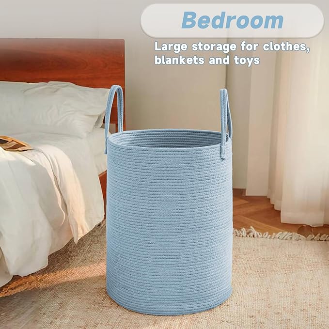 JMvicyroam Large Woven Laundry Basket Hamper,60L Cotton Rope Storage Bin for Blankets,Toys and Clothes,Decorative Tall Nursery Hamper for Living Room,Baby Nursery,Bathroom and Bedroom,Blue