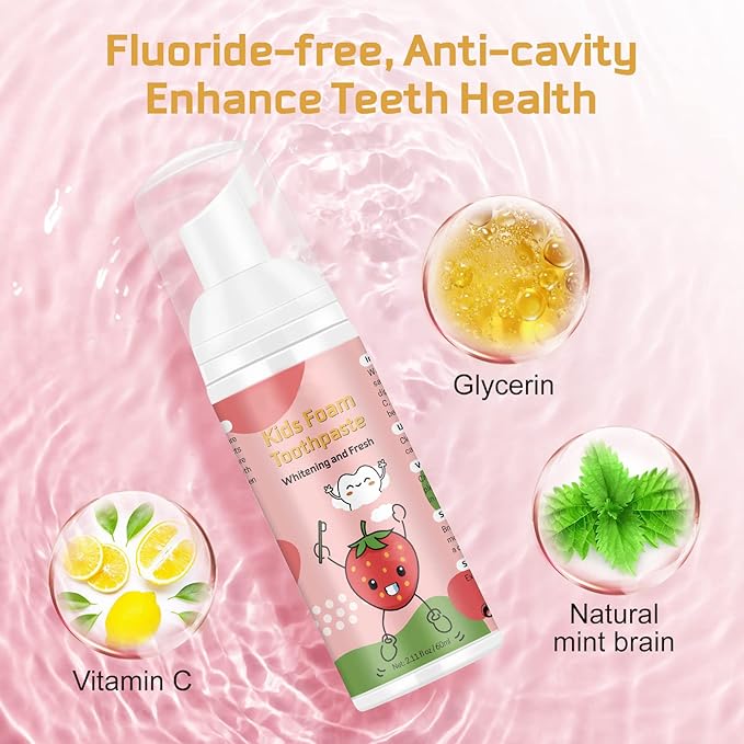 Kids Foam Toothpaste with Strawberry Flavor, Fluoride-Free, 60ml, for U-Shape Electric Toothbrush
