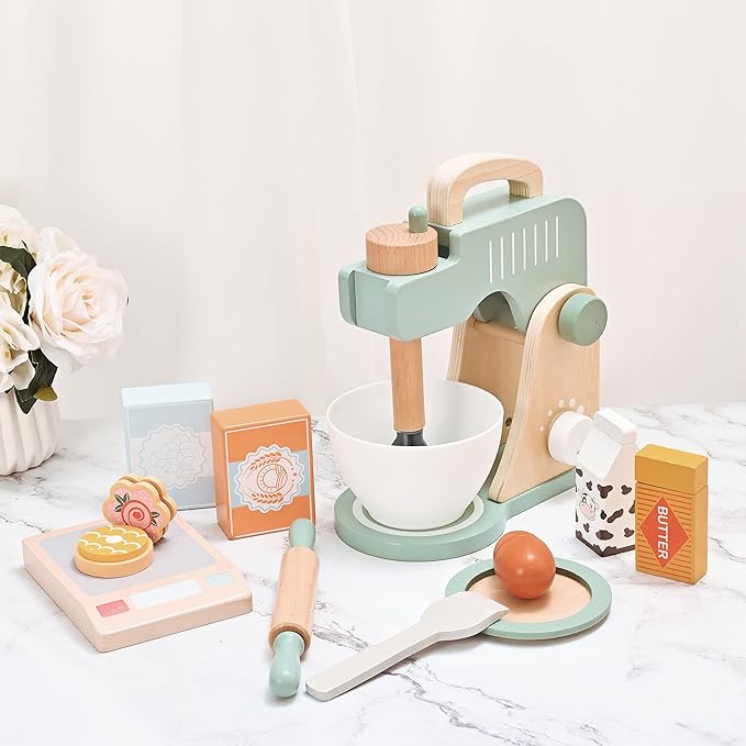 Play Kitchen Accessories, Pretend Play Food Sets for Kids Kitchen, Wooden Toy Mixer Set, Blender Bake Cookies Playset Cooking Kitchen Accessories Toys for Boys Girls Ages 3+