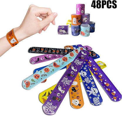 LOMIMOS 48PCS Halloween Slap Bracelets,Snap Wristbands with Assorted Pumpkin Skeleton Bat Spider for Kids Trick or Treat Gift Bag Filler Party Favors