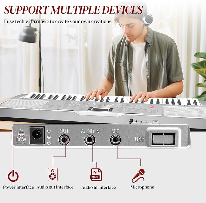 Ktaxon 61 Key Keyboard Piano Electric Keyboard w/Lighted Keys, Electric Piano Set with Headphones, Microphone, Music Rest, Power Adapter, Stand, Piano Bench and Manual (Full-Sliver)