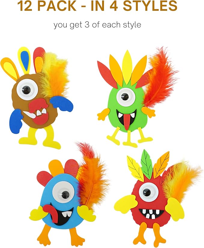 4E's Novelty Monster Turkey Crafts for Kids (12 Pack) Halloween Bulk Foam Magnet Craft Kit, Thanksgiving Crafts for Kids 4-8, 3-12, Thanksgiving Activities for Kids