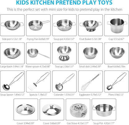 Kids Kitchen Pretend Play Toys, Cooking Toys Play Pots and Pans Set for Kids, 21pcs Small Stainless Steel Kitchen Cookware Kits Toys, Cookware Playset for Girls, Boys