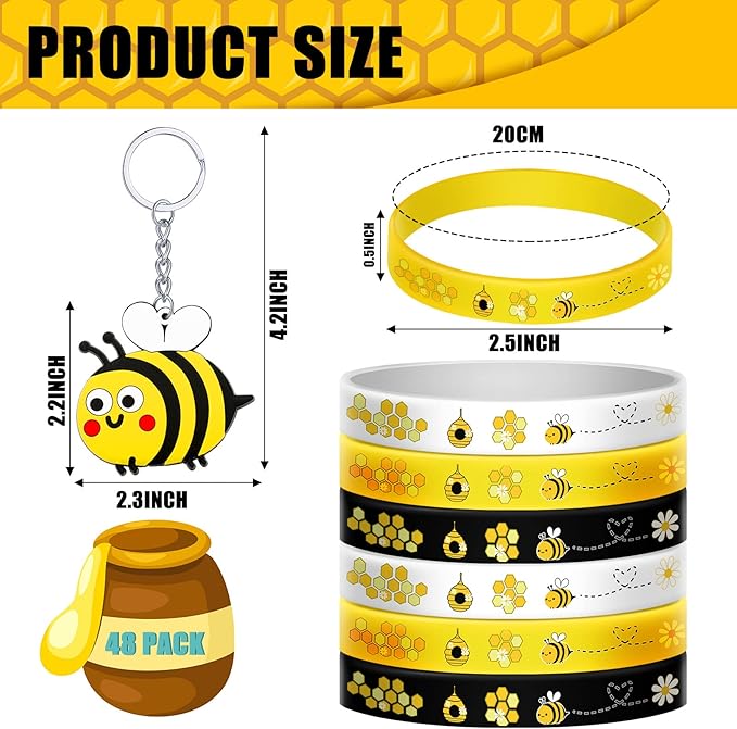 48 Pieces Cute Bee Keychain Bee Rubber Bracelets Bee Birthday Party Favors Honey Bee Silicone Wristband Bee Party Decorations for Birthday Supplies