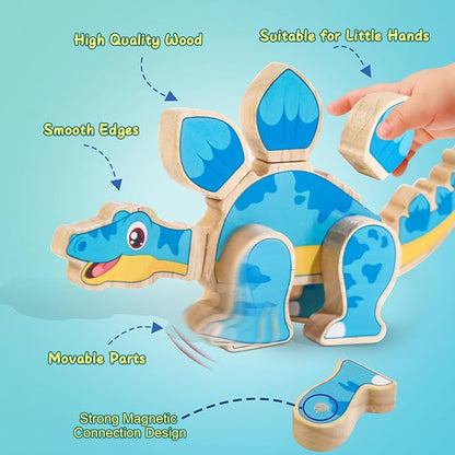 Magnetic Dinosaur Building Blocks, Wooden Dino Snap Blocks, STEM Take Apart Dinosaurs Playset, Montessori Fine Motor Skills Educational Learning Toy, Preschool Gift for 3 4 5 6 Years Kids