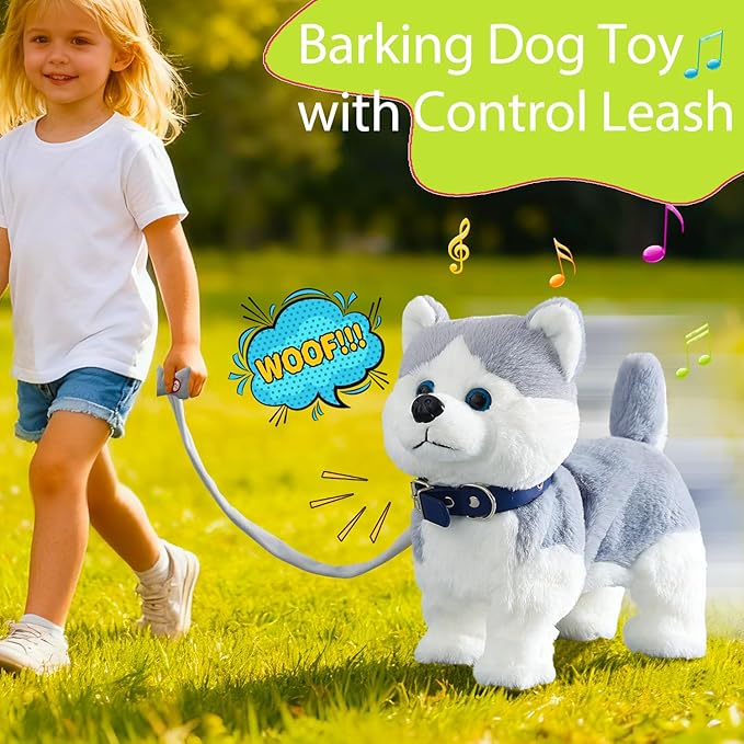 HCdoujoy Husky Walking Dog Barking Toy, Musical Singing Dancing Volume Control Interactive Puppy Walk Along with Leash, Wagging Tail Shaking Head, Robot Plush Stuffed Animal Puppy for Kid
