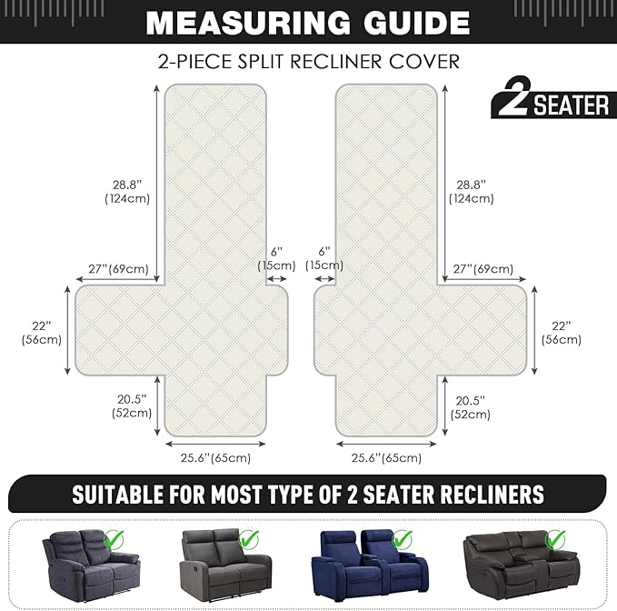 TAOCOCO 100% Waterproof Loveseat Recliner Cover, Non Slip Split Loveseat Covers for Reclining Loveseat with Elastic Straps, Washable Recliner Chair/Furniture Protector for Kids Pets(2 Seater, Black)