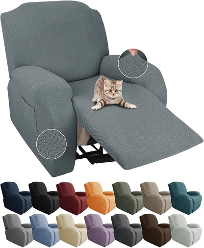 JIVINER Stretch Recliner Chair Covers 4 Piece Recliner Cover with Side Pocket Jacquard Reclining Sofa Slipcovers Soft Recliner Protector with Elastic Bottom (Recliner, Light Gray)