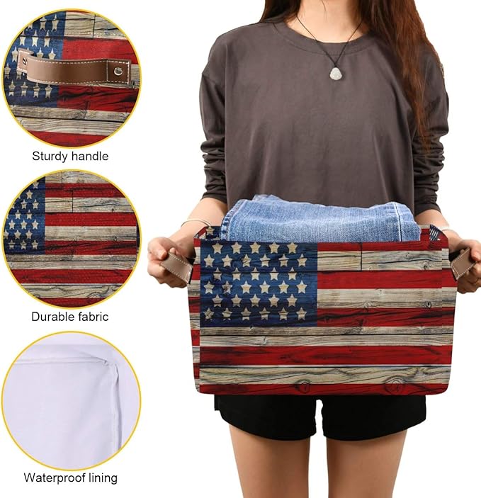 AUUXVA American Flag Patriotic Wooden Storage Basket Bin Memorial Day Large Fabric Toys Storage Cube Box with Handles Collapsible Closet Shelf Cloth Organizer Basket for Nursery Bedroom Bathroom