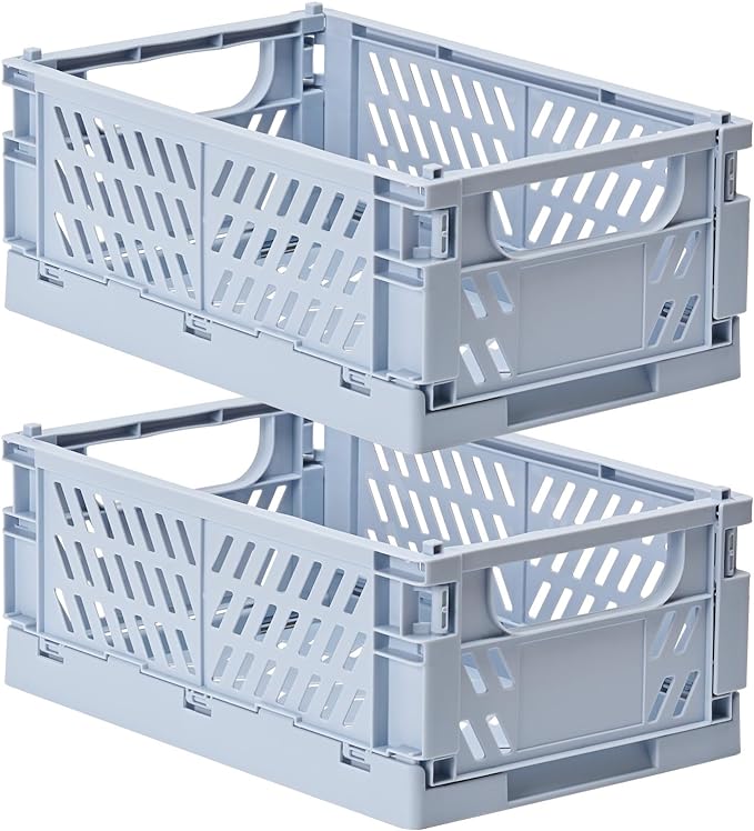 HUUSMOT 2-Pack Small Pastel Plastic Storage Baskets, Collapsible Crates for Organizing, Space-Saving Mini Bins for Classroom, Kitchen, Office, Bedroom (Blue, 9.8" x 6.5" x 3.8")