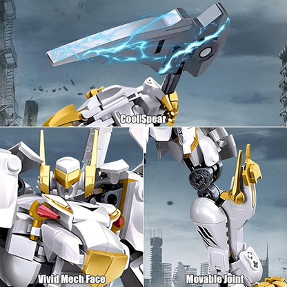 Mech Robot Building Blocks Set for Adults, Flexible Cool White Tiger Warrior Model Kit with Two-Handed Axes Weapon Toy Playset, 679 pcs Creative Mythical Ninja Gifts for Man Boys Ages 12-14