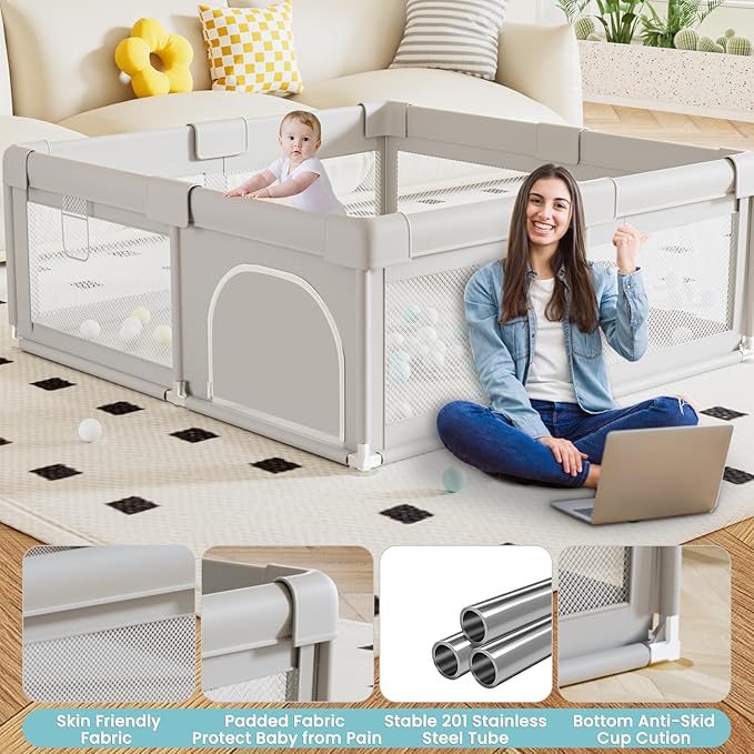 Hiaksedt 50 x 50 inch Baby Playpen with Ocean Balls and Pull Rings, Playpen for Babies and Toddlers, Baby Fence Playards, Safe Structure and Soft, Skin-Friendly Fabric with Zipper Gates.