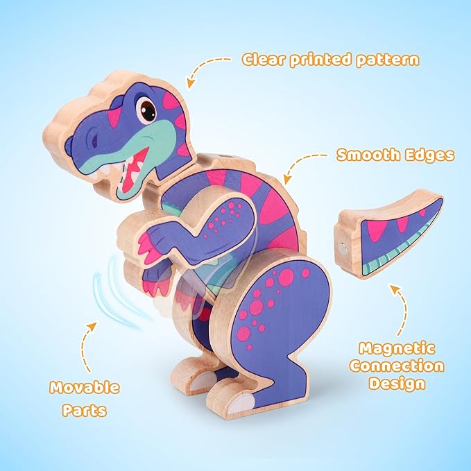 Dinosaur Building Blocks Toys, Magnetic Wooden Building Blocks with Stem Take Apart Dinos Playset, Promoting Montessori Fine Motor Skills, Great Gift for Kids 3-5 Years Old