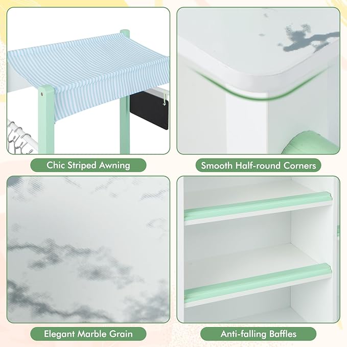 HONEY JOY Kids Kitchen Playset with Lights, Double Side Little Chef Play Kitchen for Toddler & Grocery Store, Cookware, Sink, Storage Cabinet, Wooden Pretend Play Toy Kitchen Cart with Wheels, Green