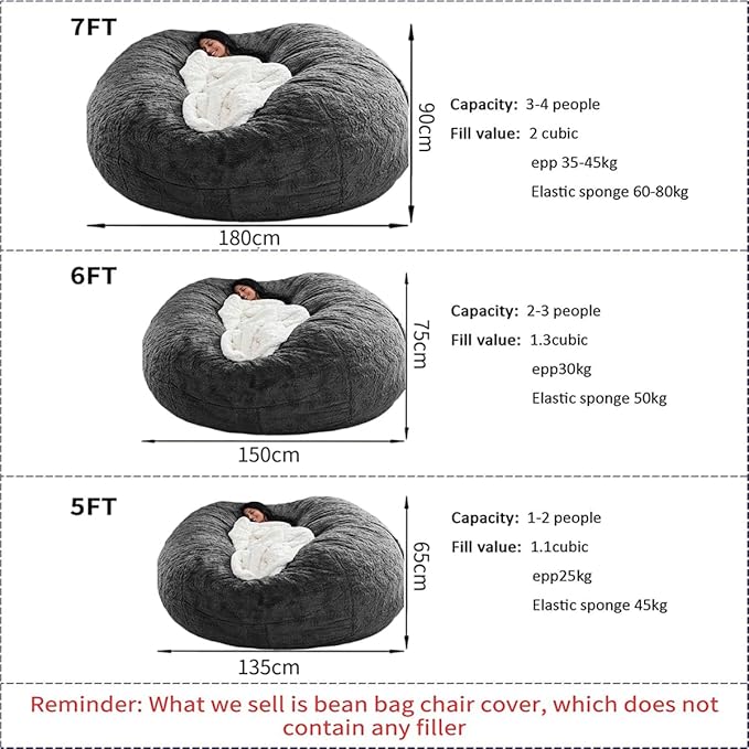 Bean Bag Chair for Adults Kids Without Filling Comfy Oversized Round Lazy Sofa Bean Bag Cover for Stuffed Animal Storage Bedroom Living Room Chairs, 6FT, Light Pink