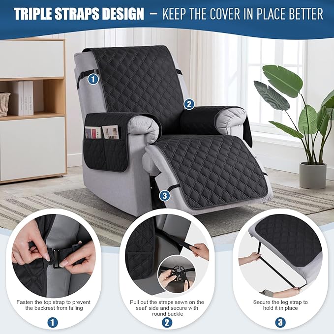 TAOCOCO 100% Waterproof Recliner Covers, Recliner Sofa Covers with Leg Straps, Reversible Recliner Couch Cover for Reclining Chair, Washable Couch Protector for Pets Kids(1 Seater 28", Black)