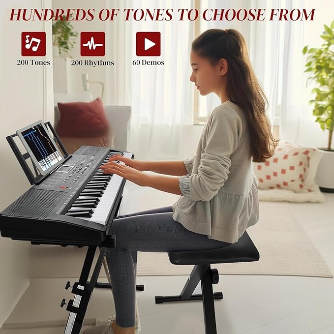 Ktaxon 61 Key Keyboard Piano Electric Keyboard w/Lighted Keys, Electric Piano Set with Headphones, Microphone, Music Rest, Power Adapter, Stand, Piano Bench and Manual (Full-Black)