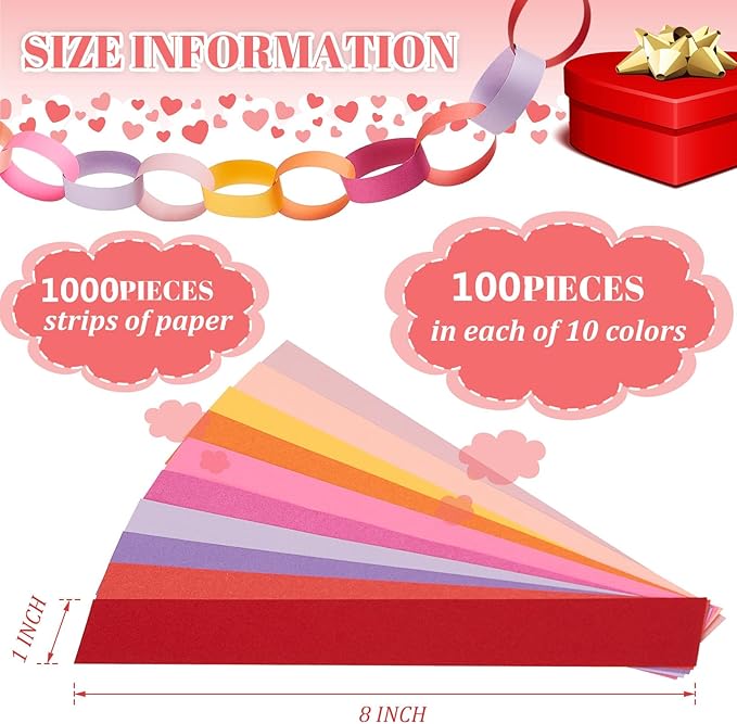 Lincia 1000 Sheet Paper Chain Garland Strips 1x8 Inch with Double Sided Tape, DIY Construction Paper Chains for Birthday Wedding Holiday Party Decorations, Crafts Supplies (Valentine)
