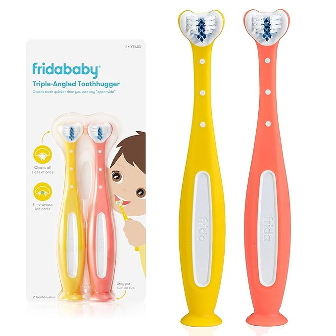 Frida Baby Triple-Angle Toothhugger Training Toddler Toothbrush | Toddler Toothbrush 2 Years and Up, Cleans All Sides at Once | 2 Pack (Yellow + Pink)
