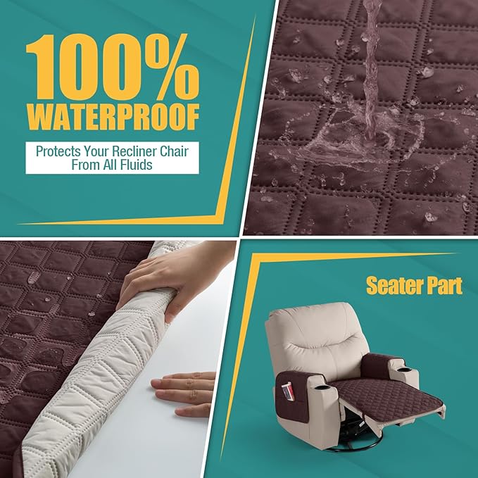 Ruaozz Waterproof Recliner Chair Covers Non Slip Chair Covers Recliner Seat Cover with Arms Washable Recliner Covers for Reclining Chair with Pocket, Covers for Recliner Chair (Coffee, Small-22'')