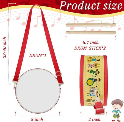 Kids Drum Set 7.87 in Wooden Toy Drum with Adjustable Strap 2 Drumsticks Educational Sensory Musical Instrument Set for Toddlers Kids Baby Toy Gift(Kids Style)